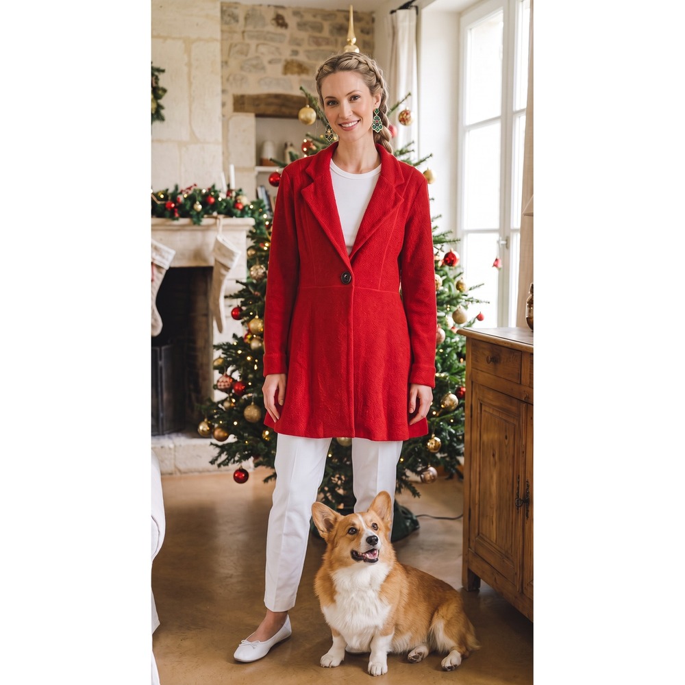 VTG 90s True Red Crinkle Knit Fit and Flare Peplum Coat XL
